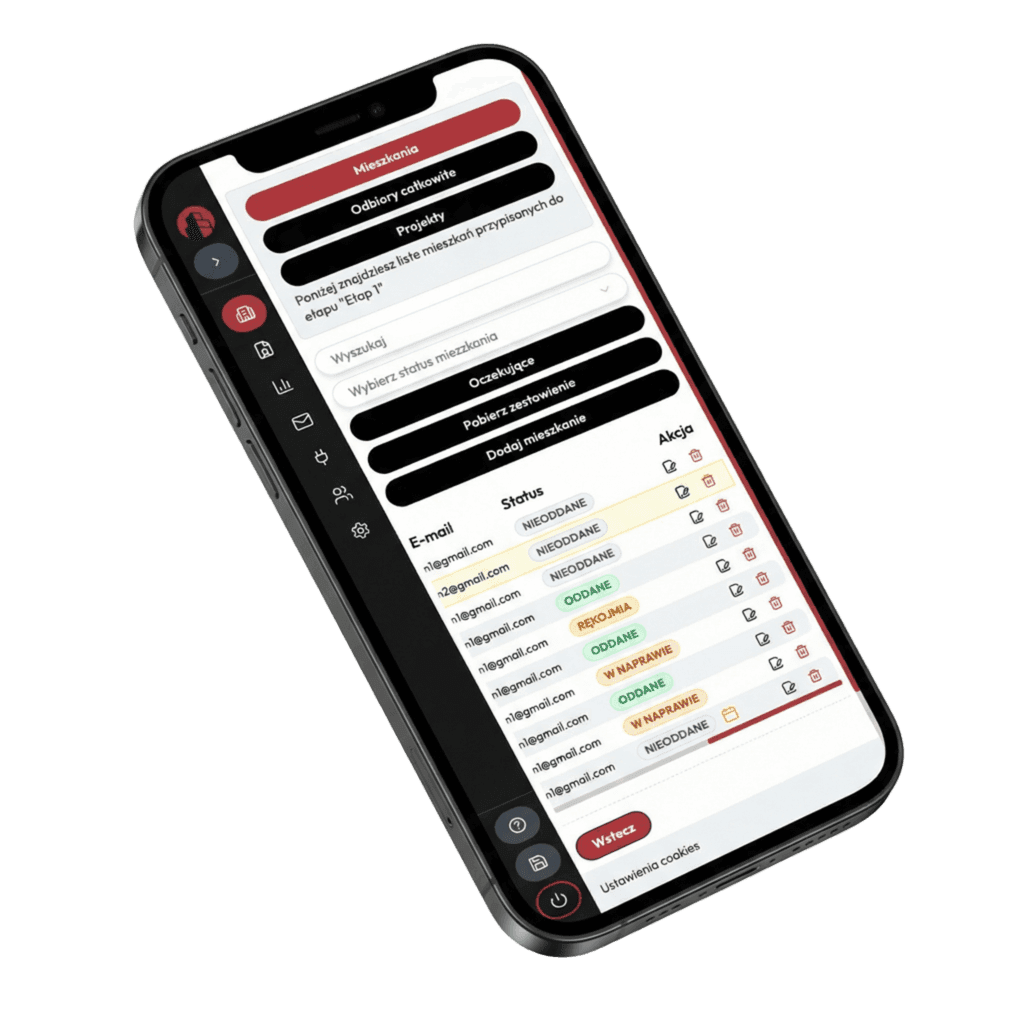 Panel Deweloper.io na telefonie: lista mieszkań i statusy odbiorów