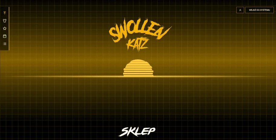 Strona Swollen Katz z żółtym logo i grafiką w stylu retro